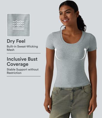 Halara Cotton Jersey Scoop Neck Short Sleeve Built-in Bra Casual T-Shirt B-DD Cups