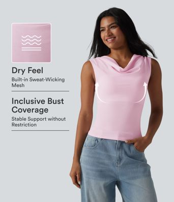 Halara Baumwolljersey-Top mit Wasserfallausschnitt, ärmellos, mit integriertem BH, lässig, Cup-Größen B-DD