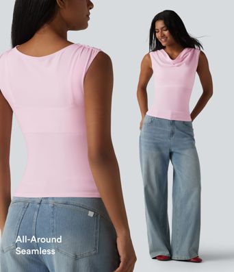 Halara Baumwolljersey-Top mit Wasserfallausschnitt, ärmellos, mit integriertem BH, lässig, Cup-Größen B-DD