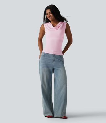 Halara Baumwolljersey-Top mit Wasserfallausschnitt, ärmellos, mit integriertem BH, lässig, Cup-Größen B-DD