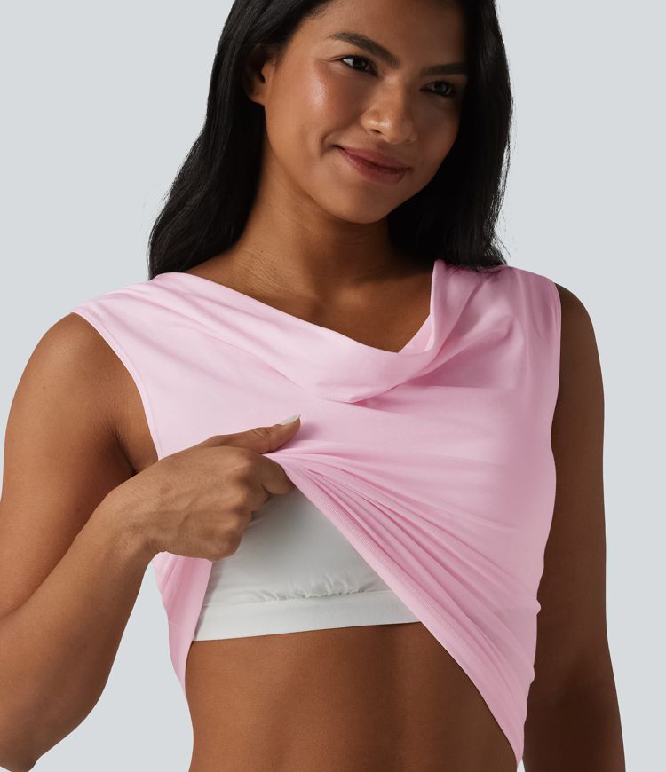 Halara Baumwolljersey-Top mit Wasserfallausschnitt, ärmellos, mit integriertem BH, lässig, Cup-Größen B-DD