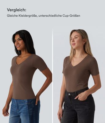 T-shirt décontracté en coton Halara, col en V, manches courtes et soutien-gorge intégré - Bonnets B à DD