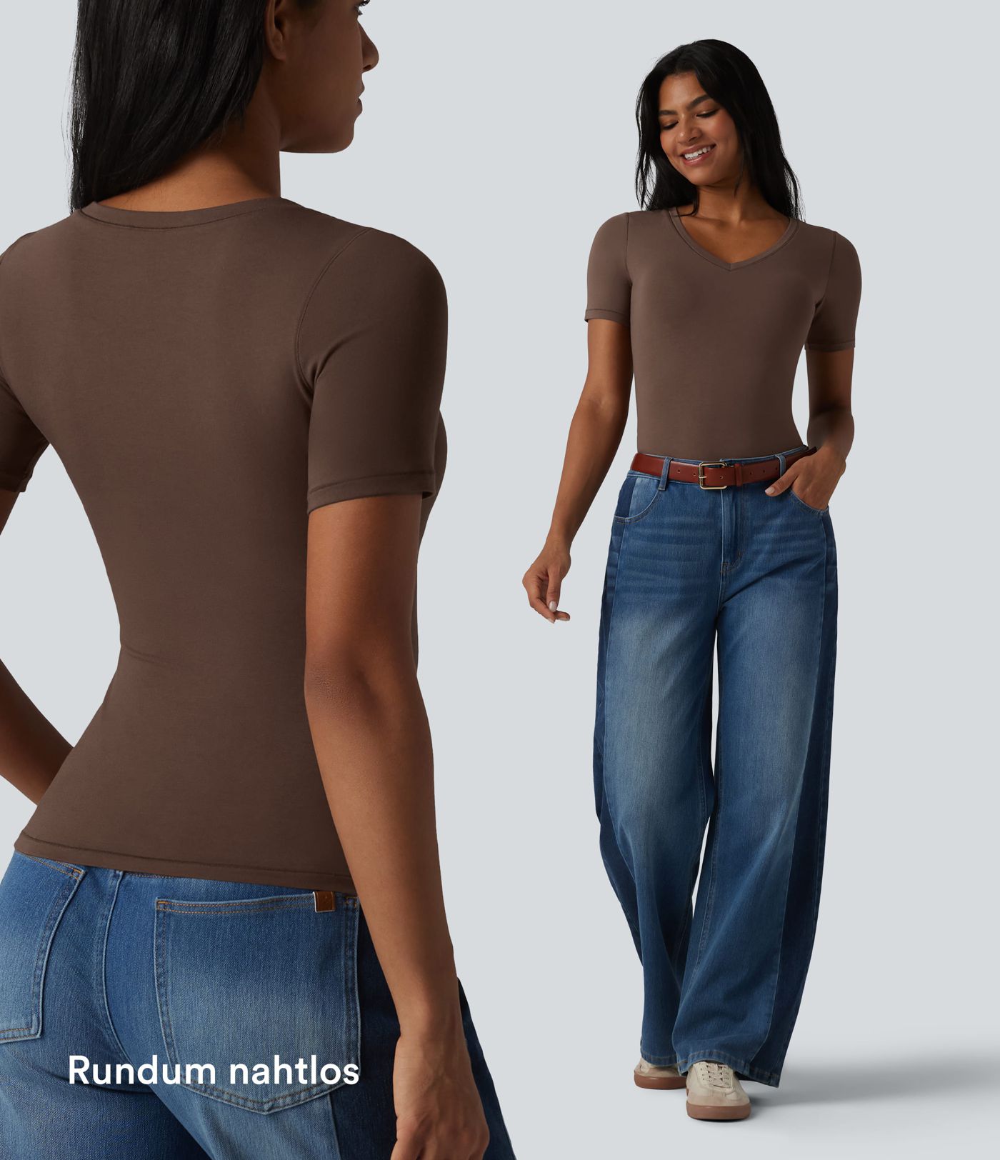 T-shirt décontracté en coton Halara, col en V, manches courtes et soutien-gorge intégré - Bonnets B à DD