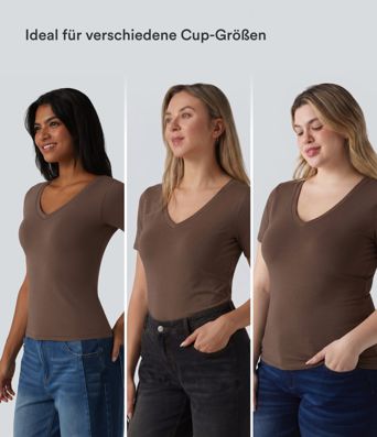 T-shirt décontracté en coton Halara, col en V, manches courtes et soutien-gorge intégré - Bonnets B à DD