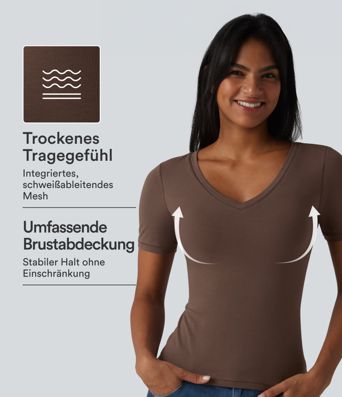 T-shirt décontracté en coton Halara, col en V, manches courtes et soutien-gorge intégré - Bonnets B à DD