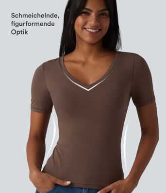 T-shirt décontracté en coton Halara, col en V, manches courtes et soutien-gorge intégré - Bonnets B à DD