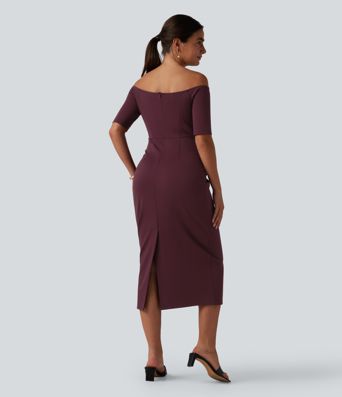 Figurbetontes Midikleid mit kurzen Ärmeln und Off-Shoulder-Design