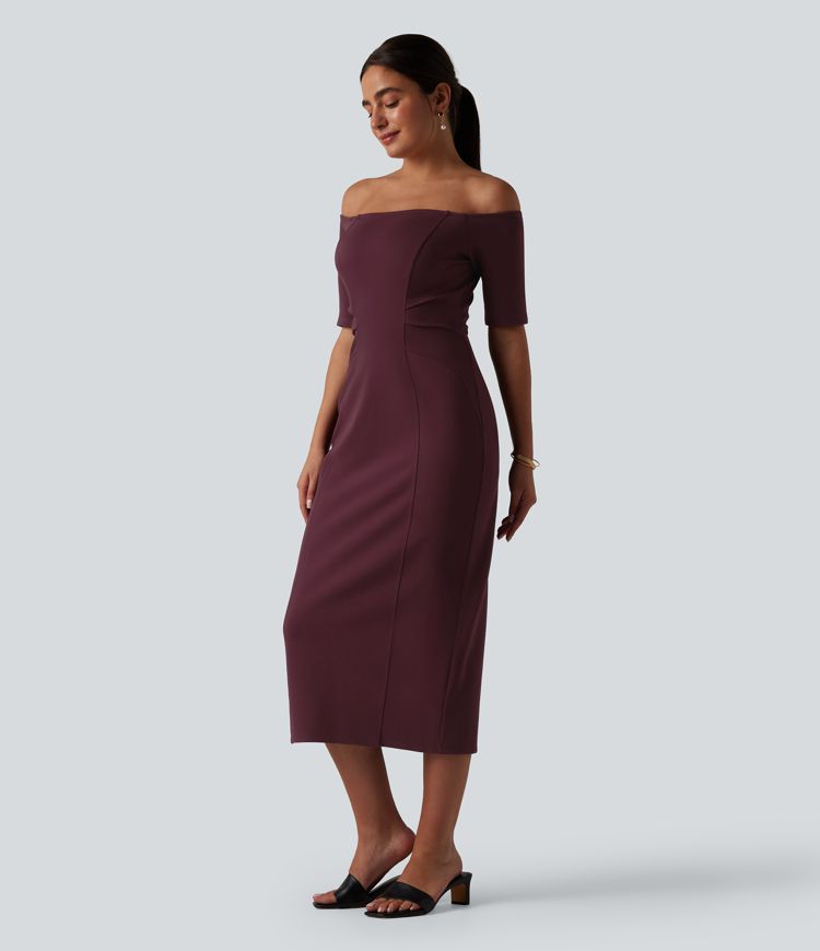 Figurbetontes Midikleid mit kurzen Ärmeln und Off-Shoulder-Design