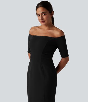Off Shoulder Short Sleeve Bodycon Midi Dress Off Shoulder Short Sleeve Bodycon Midi Dress