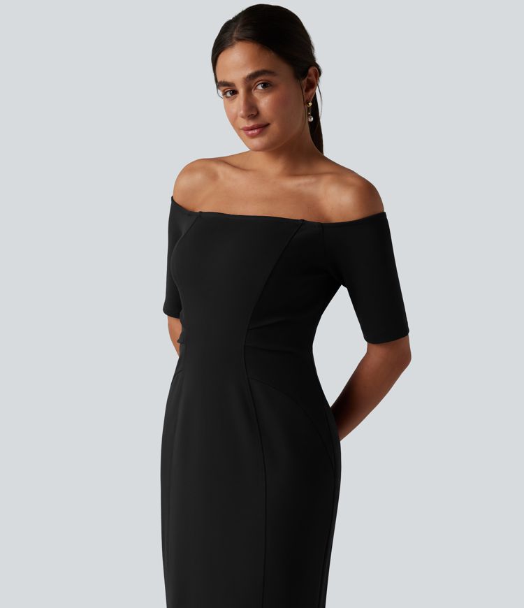 Off Shoulder Short Sleeve Bodycon Midi Dress Off Shoulder Short Sleeve Bodycon Midi Dress
