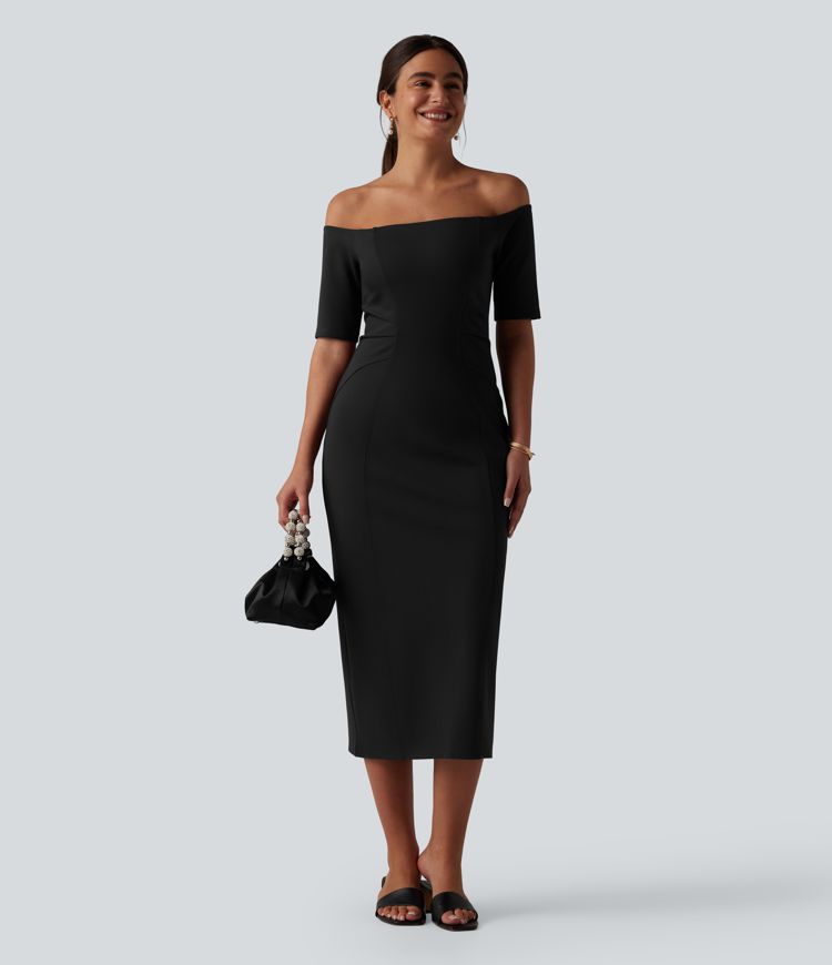 Off Shoulder Short Sleeve Bodycon Midi Dress Off Shoulder Short Sleeve Bodycon Midi Dress