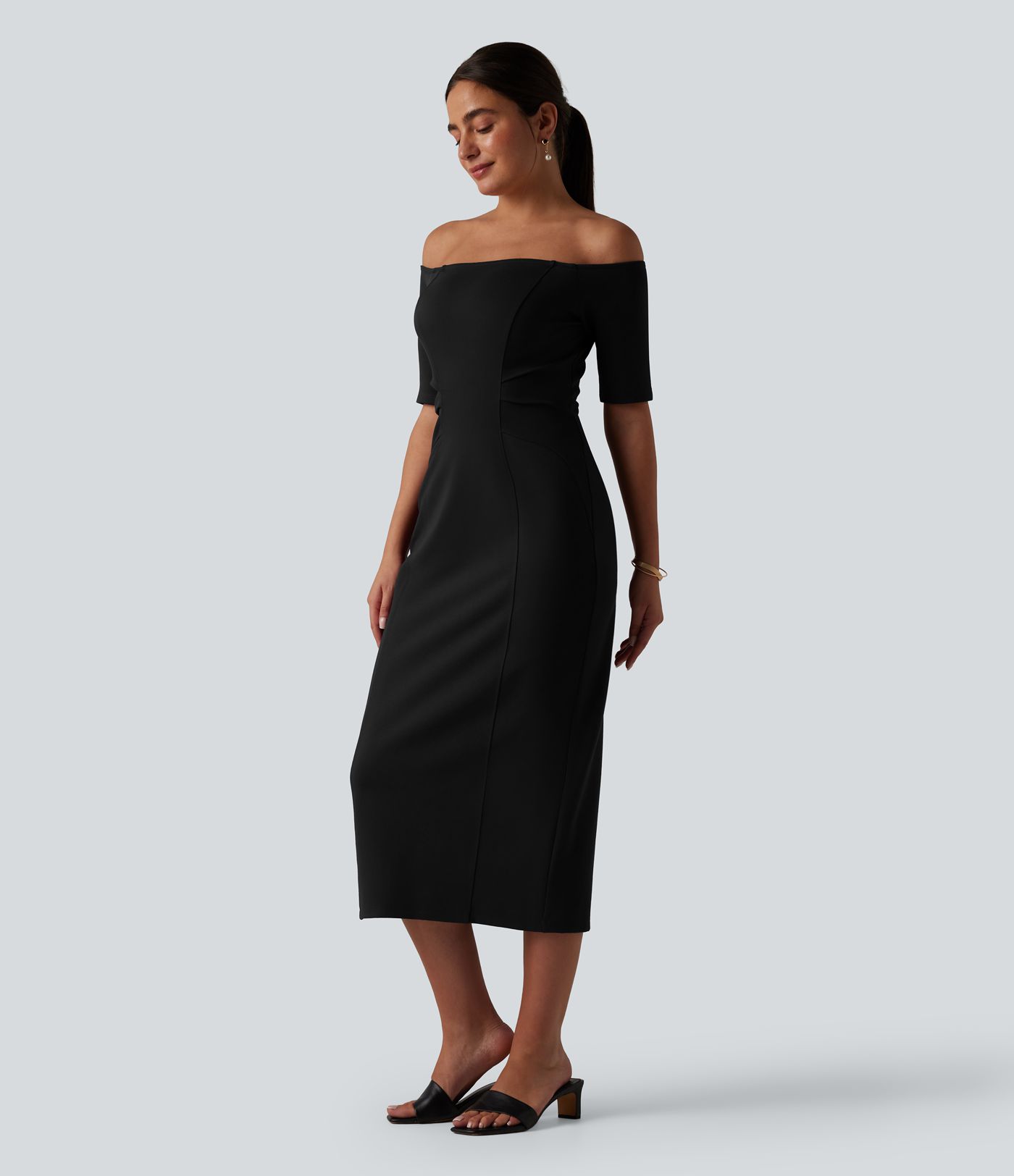 Off Shoulder Short Sleeve Bodycon Midi Dress Off Shoulder Short Sleeve Bodycon Midi Dress