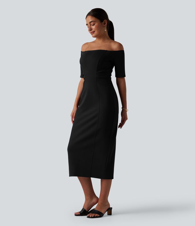 Off Shoulder Short Sleeve Bodycon Midi Dress Off Shoulder Short Sleeve Bodycon Midi Dress