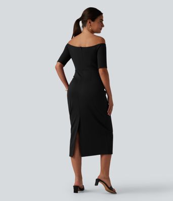 Off Shoulder Short Sleeve Bodycon Midi Dress Off Shoulder Short Sleeve Bodycon Midi Dress