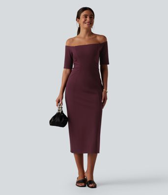 Figurbetontes Midikleid mit kurzen Ärmeln und Off-Shoulder-Design