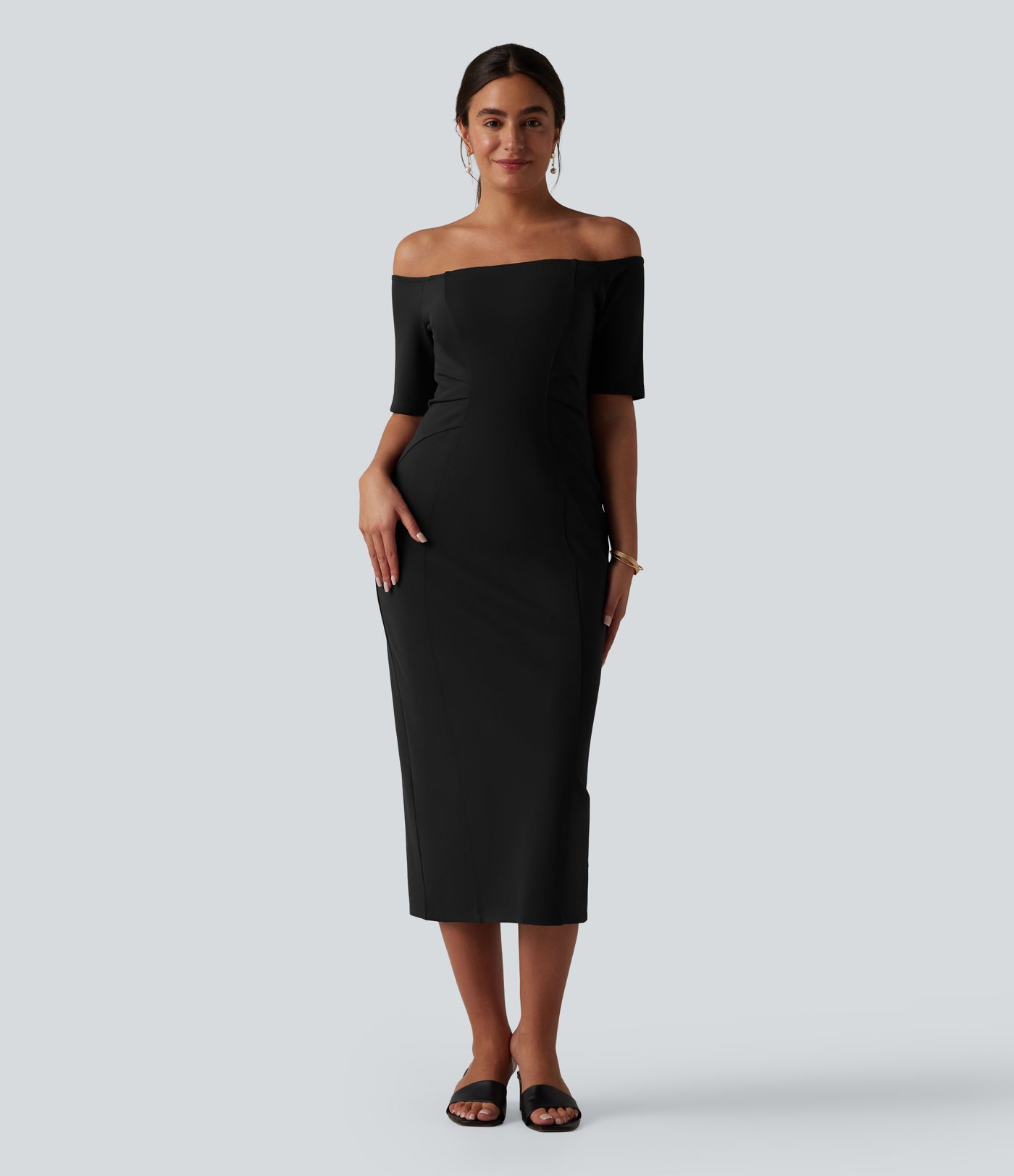 Off Shoulder Short Sleeve Bodycon Midi Dress Off Shoulder Short Sleeve Bodycon Midi Dress