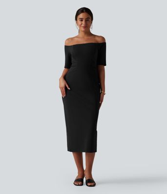 Off Shoulder Short Sleeve Bodycon Midi Dress Off Shoulder Short Sleeve Bodycon Midi Dress