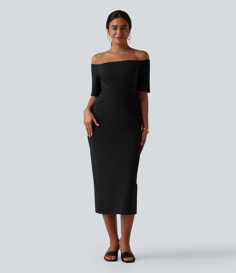 Off Shoulder Short Sleeve Bodycon Midi Dress Off Shoulder Short Sleeve Bodycon Midi Dress