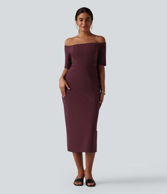 Figurbetontes Midikleid mit kurzen Ärmeln und Off-Shoulder-Design