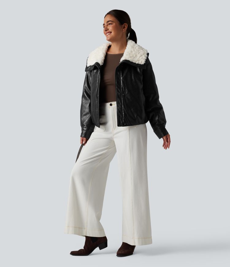 Casual faux leather jacket with faux fur collar and zip fastening with pockets