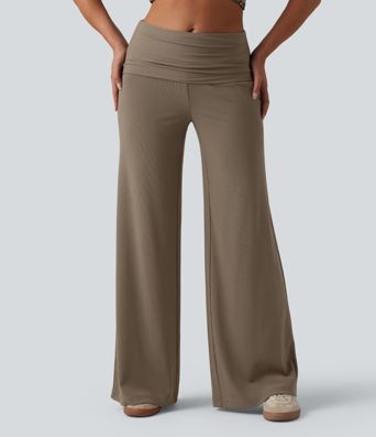 Ribbed Knit Foldover Super High Waisted Baggy Casual Trousers with Pockets