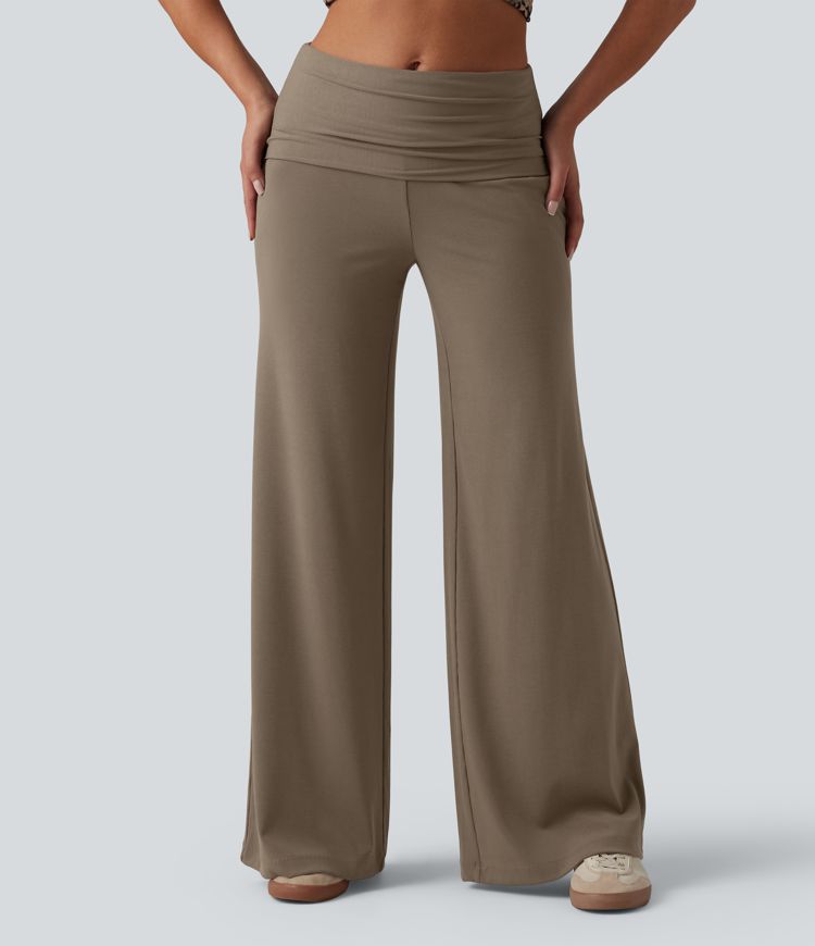 Ribbed Knit Foldover Super High Waisted Baggy Casual Trousers with Pockets