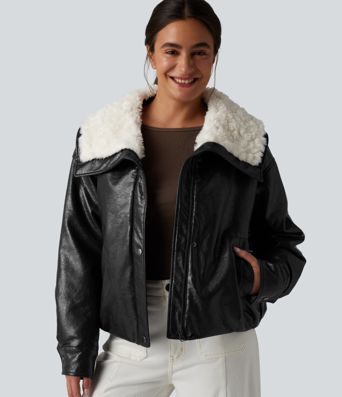Casual faux leather jacket with faux fur collar and zip fastening with pockets