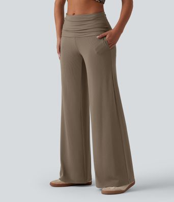 Ribbed Knit Foldover Super High Waisted Baggy Casual Pants with Pockets