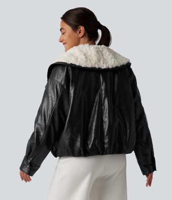 Casual faux leather jacket with faux fur collar and zip fastening with pockets