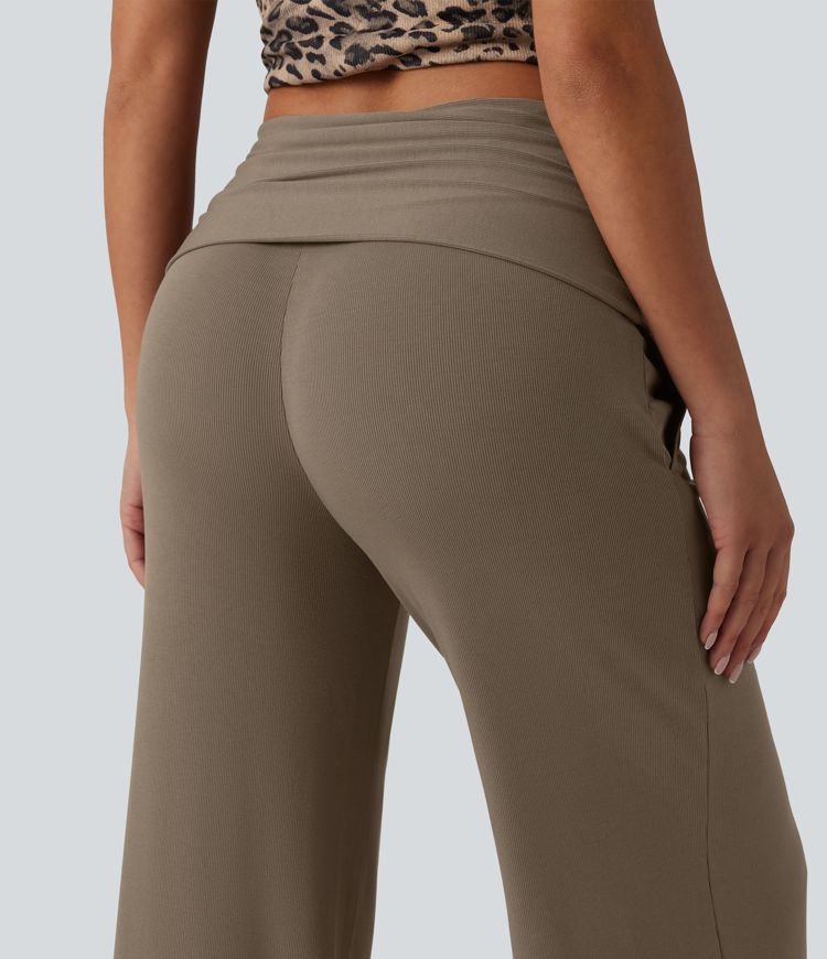 Ribbed Knit Foldover Super High Waisted Baggy Casual Trousers with Pockets