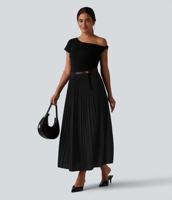 High Waisted Pleated Midi Casual Skirt