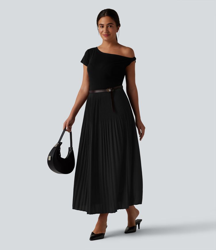 High Waisted Pleated Midi Casual Skirt