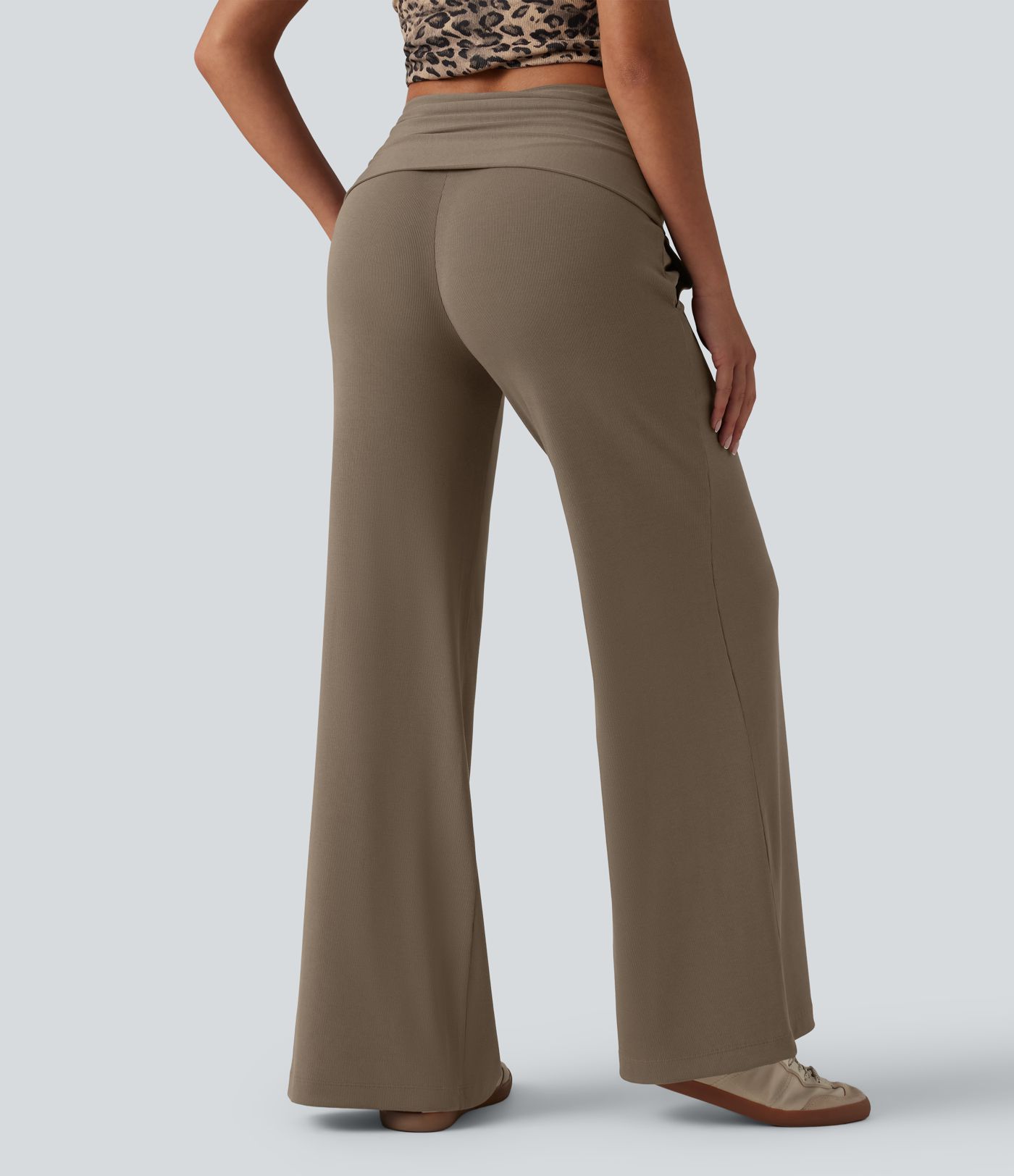 Ribbed Knit Foldover Super High Waisted Baggy Casual Trousers with Pockets