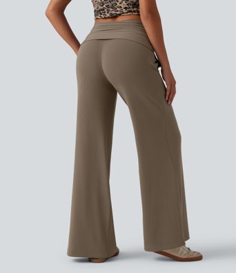 Ribbed Knit Foldover Super High Waisted Baggy Casual Trousers with Pockets