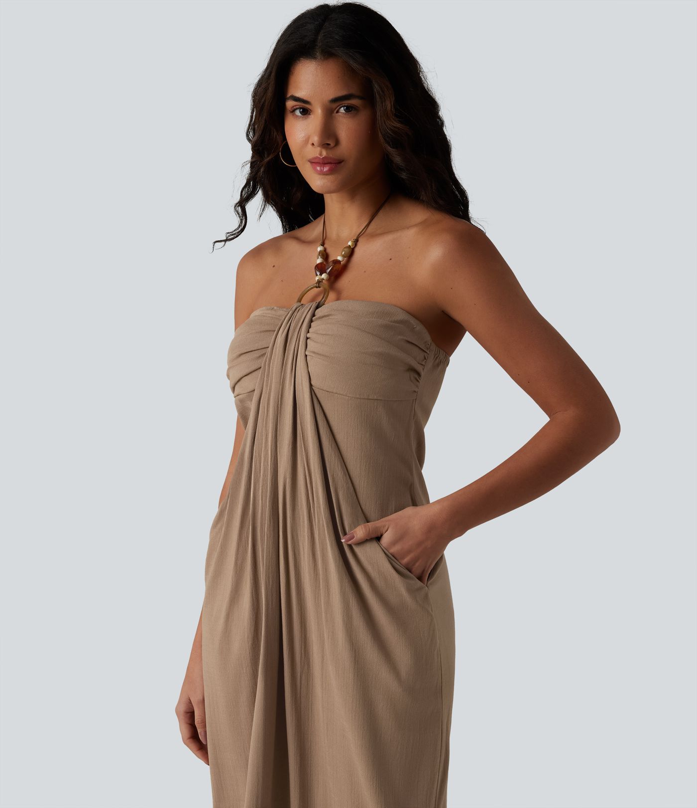Halter Tie Back Built-in Bra Maxi Resort Linen-Feel Dress with Pockets