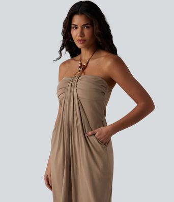 Halter Tie Back Built-in Bra Maxi Resort Linen-Feel Dress with Pockets