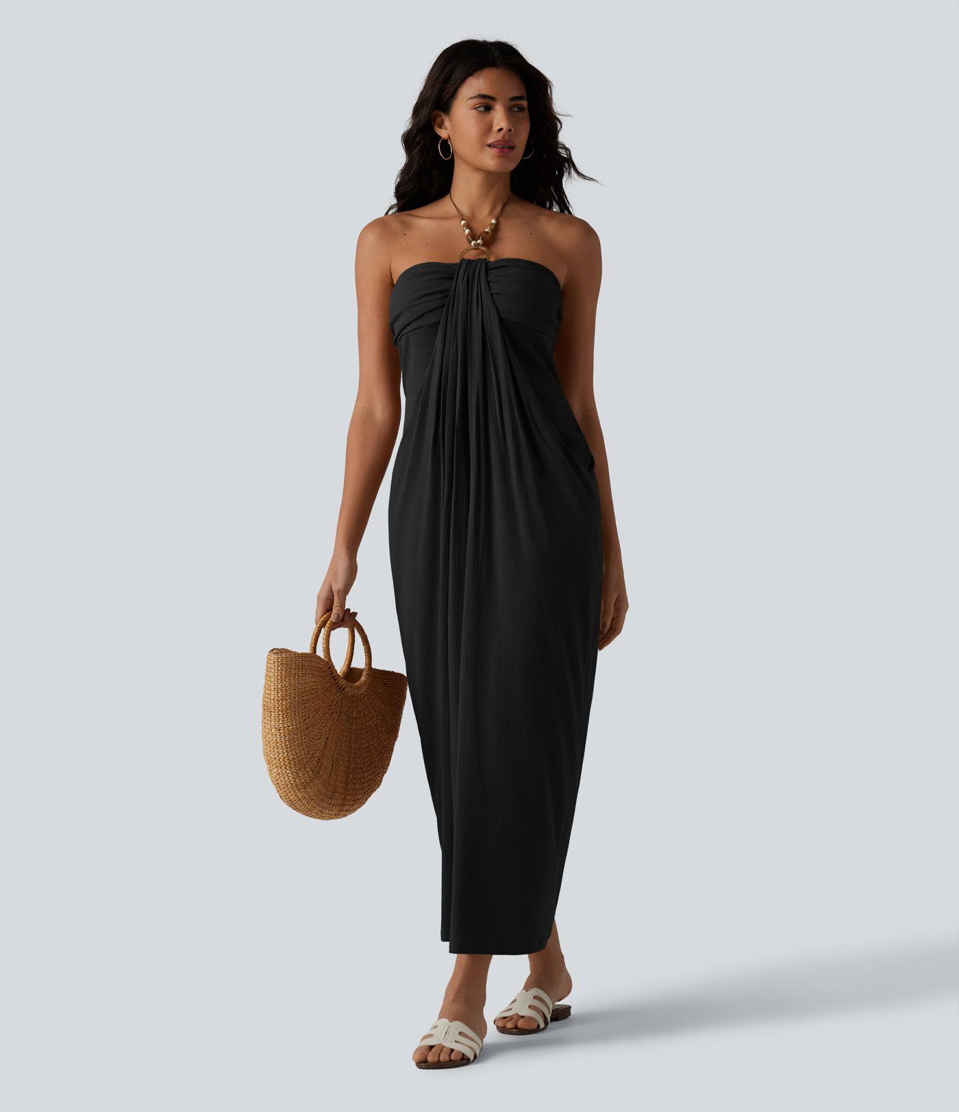 Halter Tie Back Built-in Bra Maxi Resort Linen-Feel Dress with Pockets Halter Tie Back Built-in Bra Maxi Resort Linen-Feel Dress with Pockets