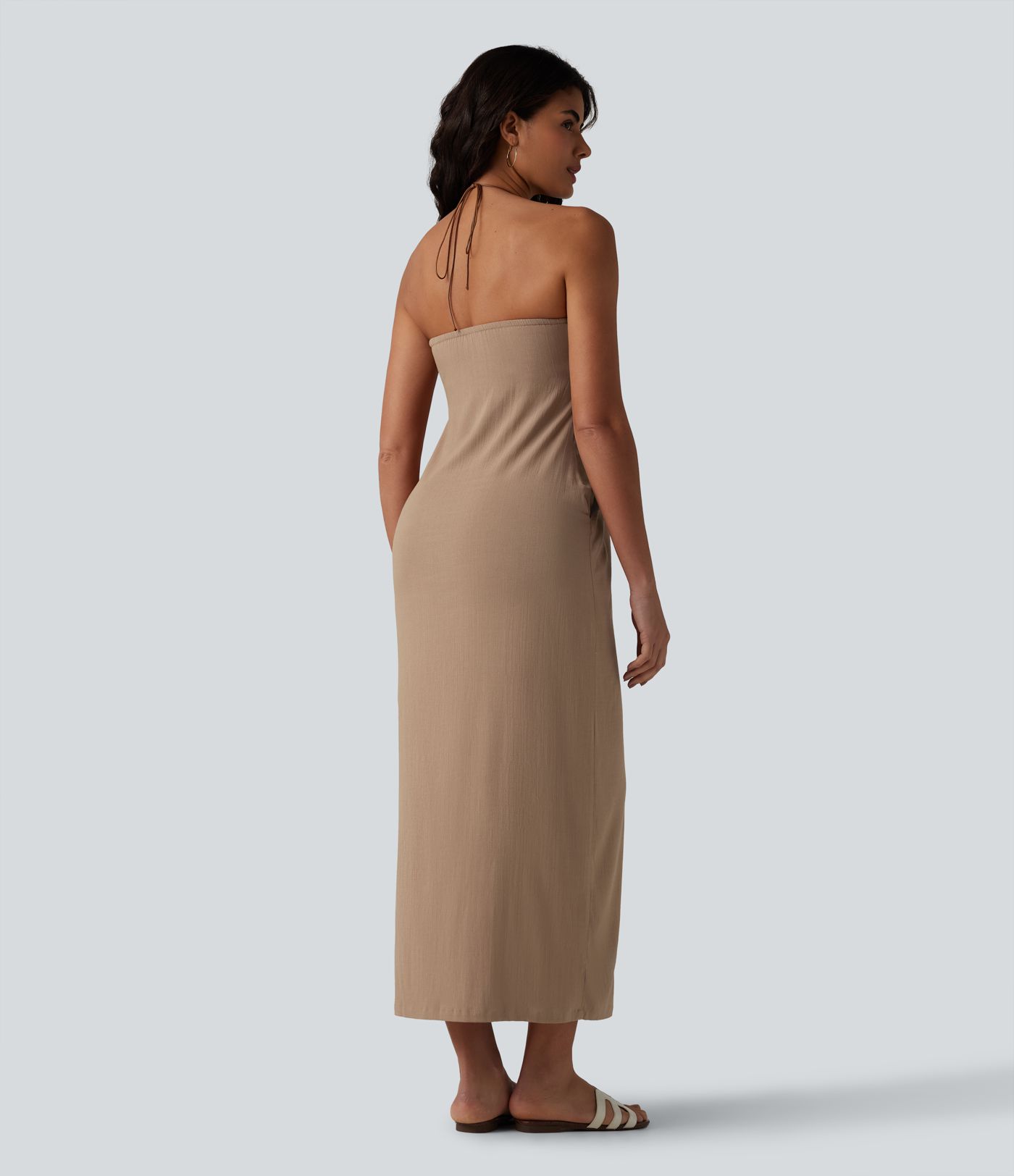 Halter Tie Back Built-in Bra Maxi Resort Linen-Feel Dress with Pockets