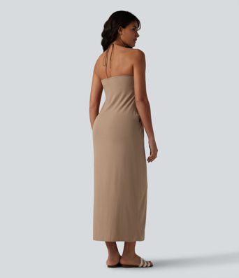 Halter Tie Back Built-in Bra Maxi Resort Linen-Feel Dress with Pockets