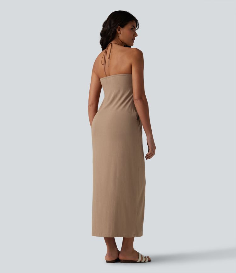 Halter Tie Back Built-in Bra Maxi Resort Linen-Feel Dress with Pockets