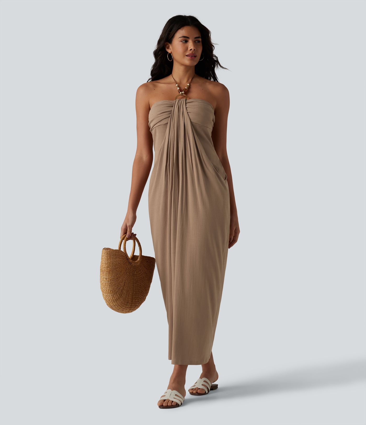 Halter Tie Back Built-in Bra Maxi Resort Linen-Feel Dress with Pockets