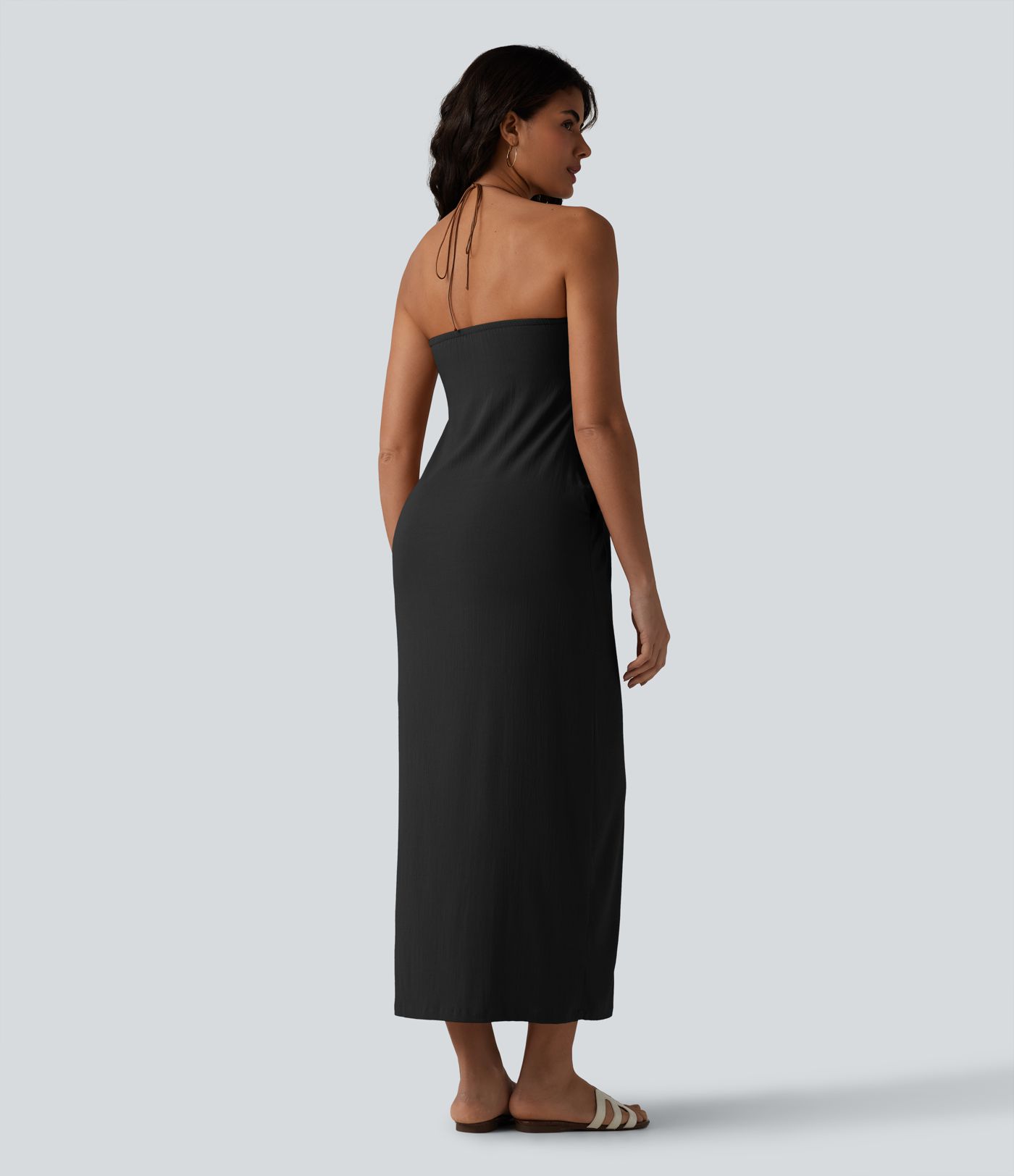 Halter Tie Back Built-in Bra Maxi Resort Linen-Feel Dress with Pockets Halter Tie Back Built-in Bra Maxi Resort Linen-Feel Dress with Pockets
