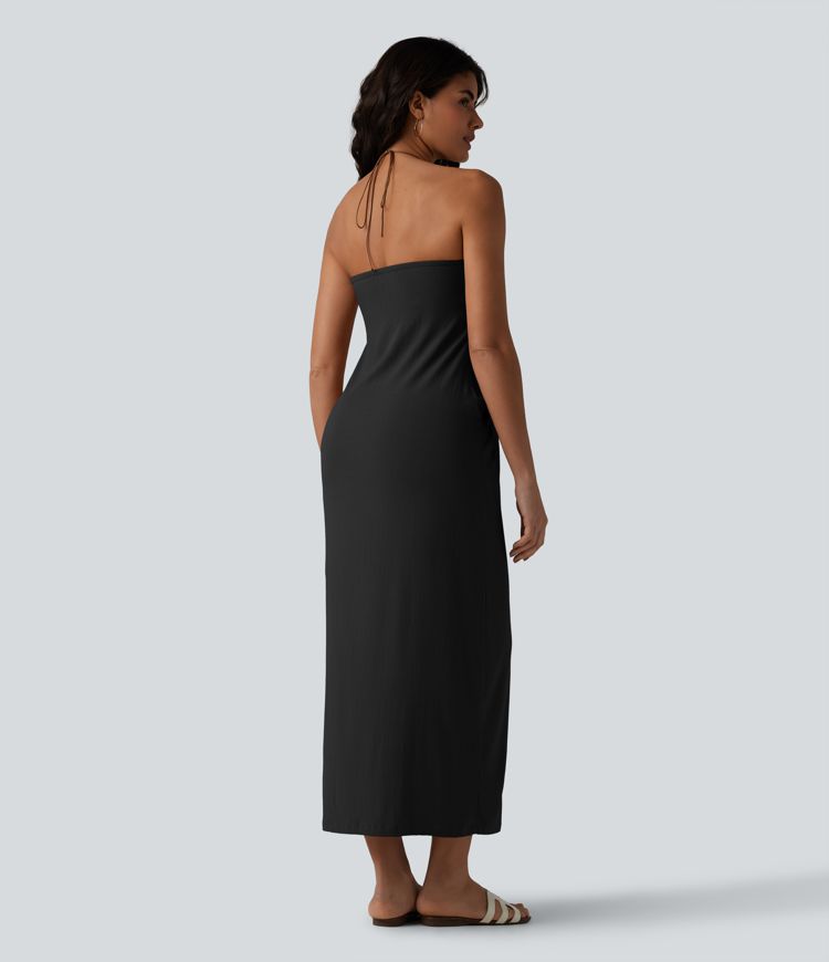 Halter Tie Back Built-in Bra Maxi Resort Linen-Feel Dress with Pockets Halter Tie Back Built-in Bra Maxi Resort Linen-Feel Dress with Pockets