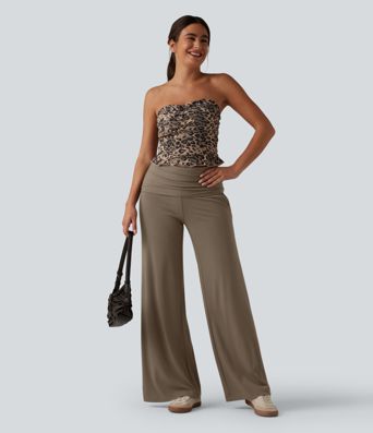 Ribbed Knit Foldover Super High Waisted Baggy Casual Trousers with Pockets