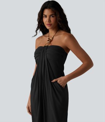 Halter Tie Back Built-in Bra Maxi Resort Linen-Feel Dress with Pockets Halter Tie Back Built-in Bra Maxi Resort Linen-Feel Dress with Pockets