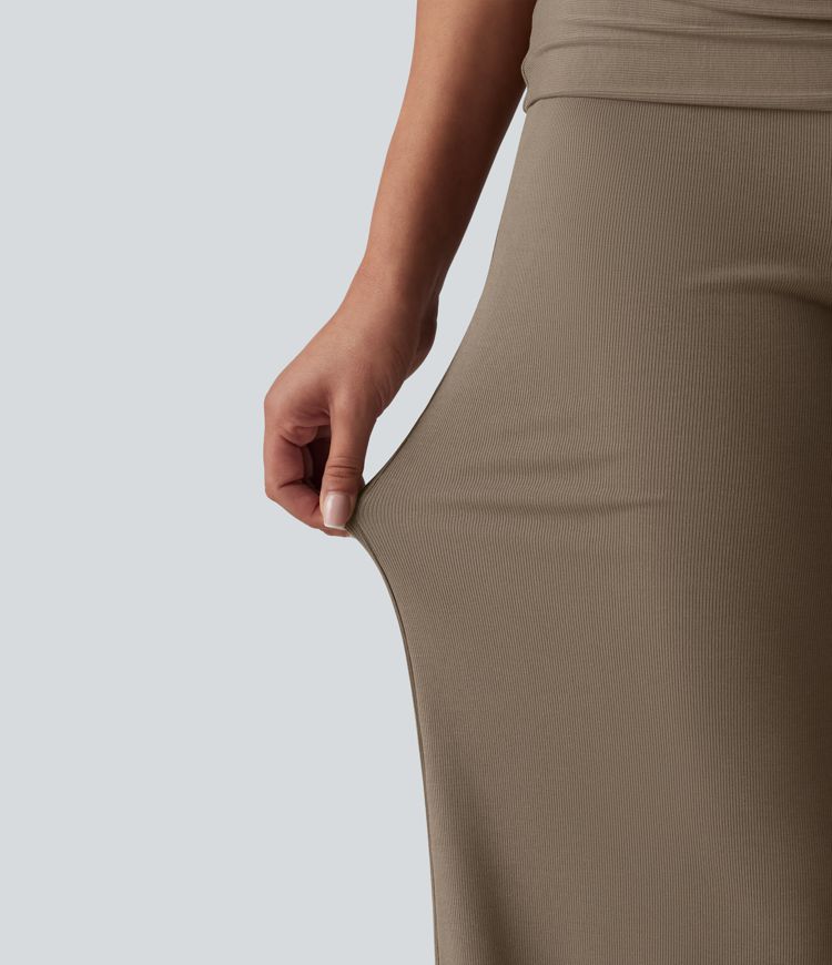 Ribbed Knit Foldover Super High Waisted Baggy Casual Trousers with Pockets