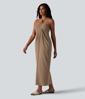 Halter Tie Back Built-in Bra Maxi Resort Linen-Feel Dress with Pockets