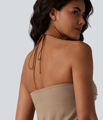 Halter Tie Back Built-in Bra Maxi Resort Linen-Feel Dress with Pockets