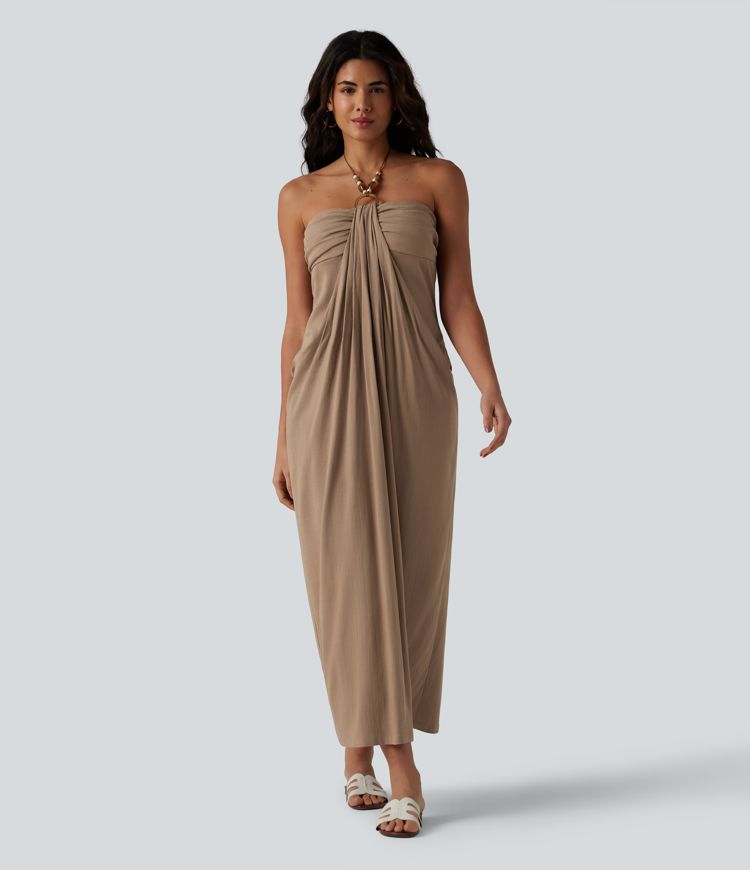 Halter Tie Back Built-in Bra Maxi Resort Linen-Feel Dress with Pockets