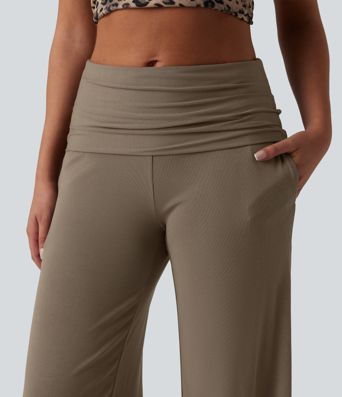 Ribbed Knit Foldover Super High Waisted Baggy Casual Trousers with Pockets